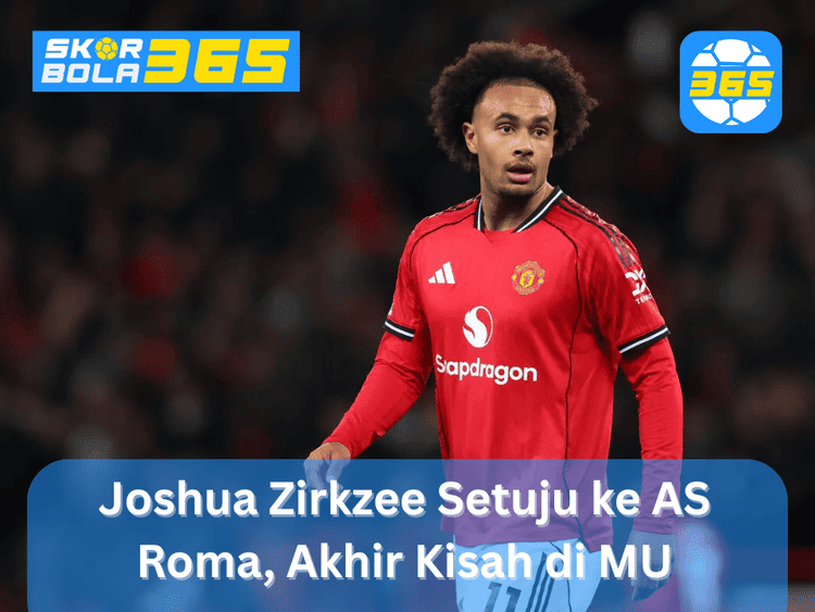 Joshua Zirkzee mengenakan jersey Manchester United dengan headline kabar kepindahan ke AS Roma