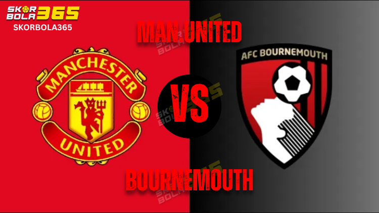 Logo SKORBOLA365 dengan ilustrasi pertandingan antara Manchester United (MARUNITED) melawan AFC Bournemouth.