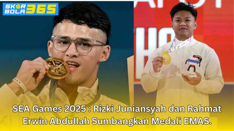 Atlet angkat besi Indonesia merayakan medali emas SEA Games 2025 dengan mengangkat medali dan trofi