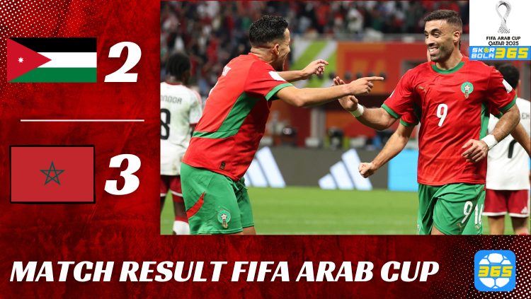 Analisis Hasil Pertandingan: Pemain Timnas Maroko bersorak usai mengalahkan Yordania 3-2 di final Piala Arab 2025 di Stadion Lusail. - skorbola365.com