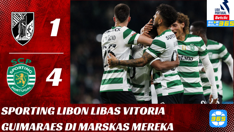 Pemain Sporting Lisbon merayakan gol ke-4 ke gawang Vitoria Guimaraes pada derbi Portugal yang berakhir 4-1