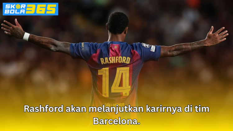 Marcus Rashford mengenakan jersey Barcelona dengan nomor 14 merentangkan tangan di stadion
