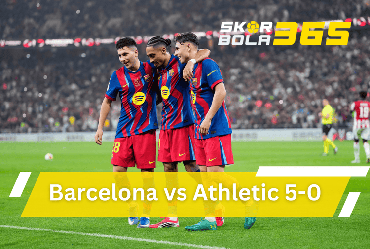 Para pemain Barcelona merayakan gol saat menang telak 5-0 atas Athletic Bilbao di laga La Liga