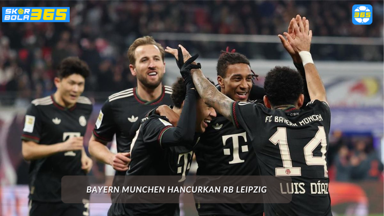 Infografis analisis pertandingan Bayern Munich vs RB Leipzig skor 5-1, menyajikan statistik LIVE SCORE dan timeline gol eksklusif dari SKOR BOLA 365.