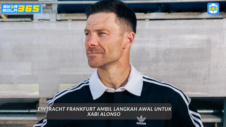 Xabi Alonso tampak serius di pinggir lapangan, didampingi logo Real Madrid dan Eintracht Frankfurt sebagai latar