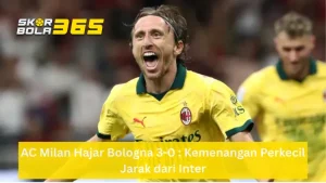 Luka Modric dengan rambut pirang sebahu dan bando hitam berteriak gembira melakukan selebrasi mengenakan jersey kuning AC Milan, terdapat logo SKORBOLA365 di pojok kiri atas dan teks "AC Milan Hajar Bologna 3-0 : Kemenangan Perkecil Jarak dari Inter" pada bilah kuning di bagian bawah.