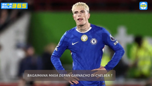 Alejandro Garnacho Chelsea bermain di Stamford Bridge, dengan grafik statistik performa musim 2025/2026 di latar belakang.