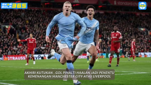 Erling Haaland merayakan gol penaltinya yang mengalahkan Liverpool di Anfield.