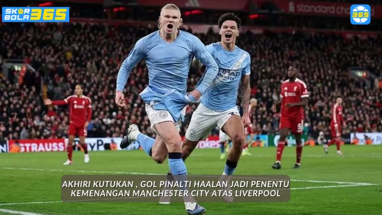 Erling Haaland merayakan gol penaltinya yang mengalahkan Liverpool di Anfield.