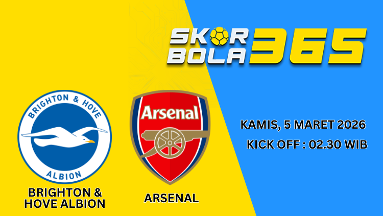 Poster prediksi pertandingan Brighton & Hove Albion vs Arsenal Kamis 5 Maret 2026 pukul 02.30 WIB dengan logo kedua tim.