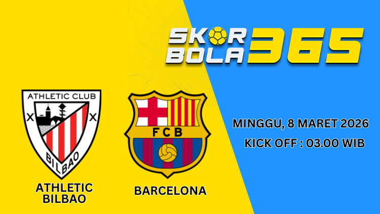 Ilustrasi pertandingan Athletic Bilbao vs Barcelona dengan logo kedua tim serta jadwal kick off Minggu 8 Maret 2026 pukul 03.00 WIB.