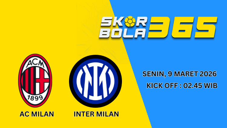 Ilustrasi pertandingan AC Milan vs Inter Milan dalam Derby Milan Serie A dengan logo kedua tim dan tulisan Skor Bola 365.