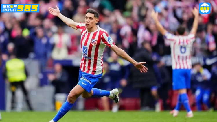 Pemain Atletico Madrid, Nahuel Molina, merayakan gol tunggalnya ke gawang Getafe pada laga La Liga pekan ke-28 di Stadion Metropolitano.
