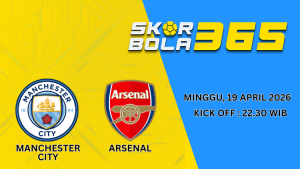 Prediksi pertandingan Manchester City vs Arsenal Minggu 19 April 2026 pukul 22.30 WIB dengan logo kedua tim di stadion