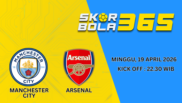 Prediksi pertandingan Manchester City vs Arsenal Minggu 19 April 2026 pukul 22.30 WIB dengan logo kedua tim di stadion