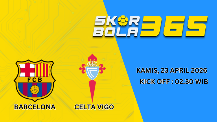 Logo FC Barcelona dan Celta Vigo dengan latar bendera klub dalam poster prediksi pertandingan La Liga