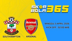 Ilustrasi pertandingan Southampton vs Arsenal dengan jadwal Minggu 5 April 2026 pukul 02:00 WIB dalam prediksi skor bola365