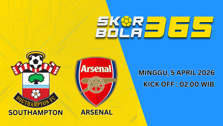 Ilustrasi pertandingan Southampton vs Arsenal dengan jadwal Minggu 5 April 2026 pukul 02:00 WIB dalam prediksi skor bola365