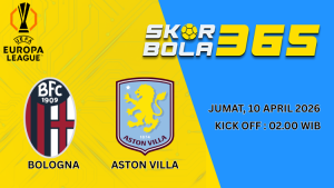Banner prediksi pertandingan Bologna vs Aston Villa hari ini tanggal 10 April 2026 pukul 02.00 WIB di stadion dengan latar lampu sorot