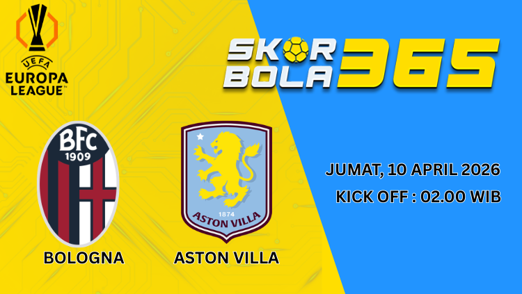 Banner prediksi pertandingan Bologna vs Aston Villa hari ini tanggal 10 April 2026 pukul 02.00 WIB di stadion dengan latar lampu sorot