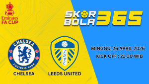 Logo Chelsea FC vs Leeds United pada pertandingan FA Cup dengan latar stadion dan efek cahaya biru kuning