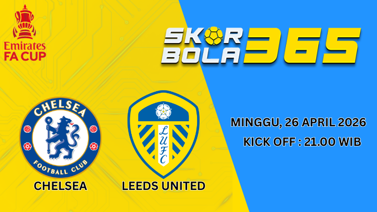 Logo Chelsea FC vs Leeds United pada pertandingan FA Cup dengan latar stadion dan efek cahaya biru kuning
