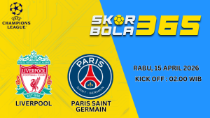 Prediksi pertandingan Liverpool FC vs Paris Saint-Germain dengan tampilan logo kedua tim dan tulisan skor bola 365
