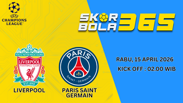 Prediksi pertandingan Liverpool FC vs Paris Saint-Germain dengan tampilan logo kedua tim dan tulisan skor bola 365
