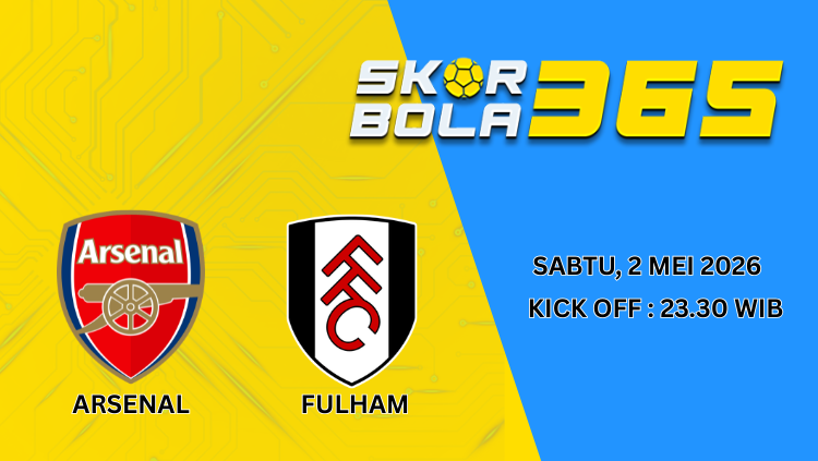 Poster prediksi pertandingan Arsenal vs Fulham pada 2 Mei 2026 pukul 23.30 WIB di stadion dengan tampilan grafis sepak bola modern