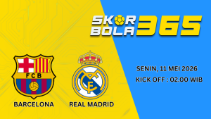 Poster pertandingan El Clasico Barcelona vs Real Madrid menampilkan pemain kedua tim dengan latar stadion dan nuansa gaming bertuliskan Camp Nou 11 Mei 2026.