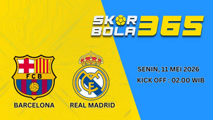 Poster pertandingan El Clasico Barcelona vs Real Madrid menampilkan pemain kedua tim dengan latar stadion dan nuansa gaming bertuliskan Camp Nou 11 Mei 2026.
