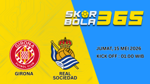 Poster pertandingan Girona vs Real Sociedad dengan logo kedua klub dalam kompetisi Liga Spanyol 2025.