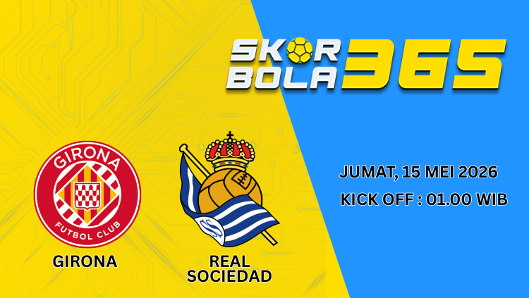 Poster pertandingan Girona vs Real Sociedad dengan logo kedua klub dalam kompetisi Liga Spanyol 2025.