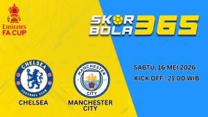 Poster prediksi pertandingan Chelsea vs Manchester City pada Sabtu 16 Mei 2026 pukul 21.00 WIB di stadion sepak bola.