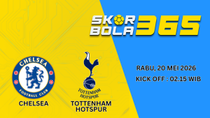 Poster pertandingan Chelsea vs Tottenham Hotspur pada Rabu 20 Mei 2026 pukul 02.15 WIB dengan desain biru kuning bertema prediksi bola Liga Inggris.