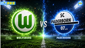 Poster pertandingan Wolfsburg vs Paderborn dengan efek cahaya hijau dan biru di stadion sepak bola bertema prediksi Bundesliga.