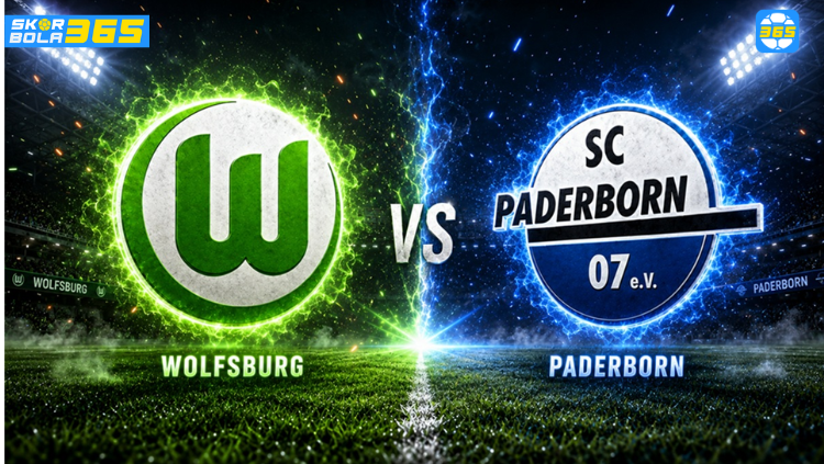 Poster pertandingan Wolfsburg vs Paderborn dengan efek cahaya hijau dan biru di stadion sepak bola bertema prediksi Bundesliga.
