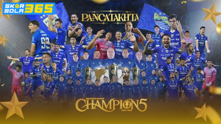 Skuad Persib Bandung merayakan gelar juara BRI Liga 1 2025/2026 di podium Super League setelah berhasil meraih hattrick juara.