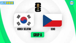 Poster pertandingan internasional FIFA antara Korea Selatan dan Republik Ceko menampilkan pemain kedua tim dengan latar bendera nasional masing-masing.