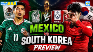 Poster pertandingan Meksiko vs Korea Selatan pada FIFA World Cup 2026 menampilkan bendera kedua negara dengan latar stadion sepak bola.