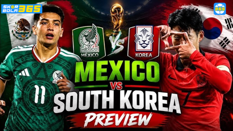 Poster pertandingan Meksiko vs Korea Selatan pada FIFA World Cup 2026 menampilkan bendera kedua negara dengan latar stadion sepak bola.