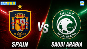 Poster pertandingan Spanyol vs Arab Saudi pada FIFA World Cup 2026 dengan logo federasi kedua tim dan trofi Piala Dunia di tengah stadion.