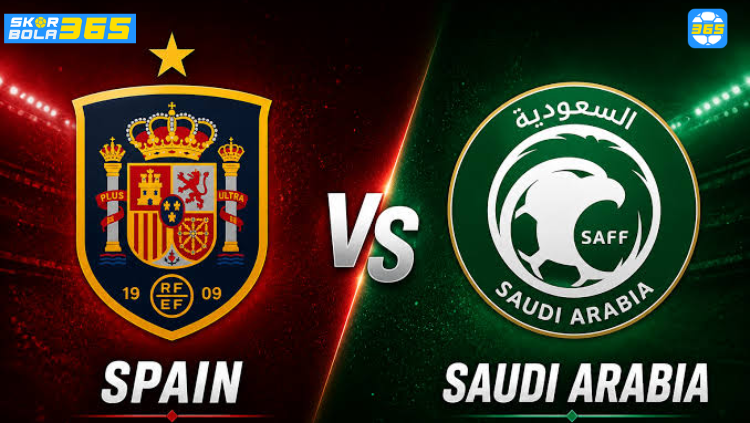 Poster pertandingan Spanyol vs Arab Saudi pada FIFA World Cup 2026 dengan logo federasi kedua tim dan trofi Piala Dunia di tengah stadion.