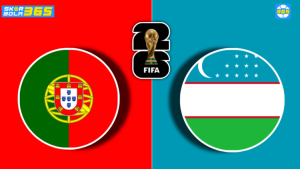Ilustrasi pertandingan Portugal vs Uzbekistan pada FIFA World Cup 2026 dengan bendera kedua negara dan logo Piala Dunia FIFA 2026 di tengah.