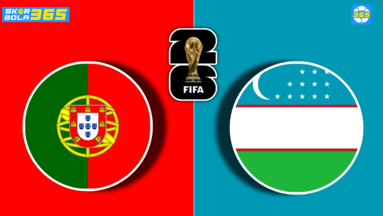 Ilustrasi pertandingan Portugal vs Uzbekistan pada FIFA World Cup 2026 dengan bendera kedua negara dan logo Piala Dunia FIFA 2026 di tengah.