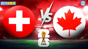 Poster pertandingan Swiss vs Kanada FIFA World Cup 2026 menampilkan logo tim nasional Swiss dan Kanada dengan trofi Piala Dunia FIFA di tengah stadion.