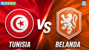 Poster pertandingan Tunisia vs Belanda Grup F Piala Dunia FIFA 2026 dengan bendera kedua negara dan logo turnamen FIFA.