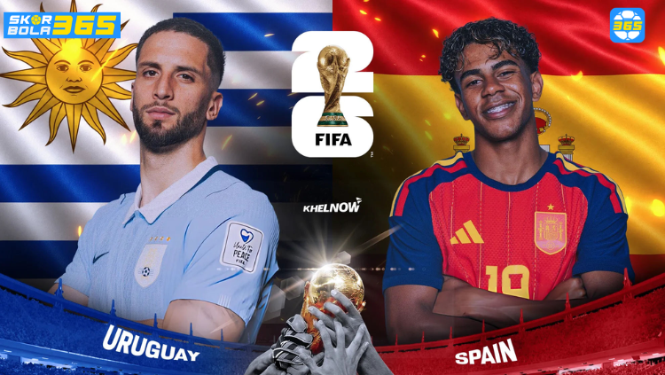 Poster pertandingan Uruguay vs Spanyol Piala Dunia FIFA 2026 menampilkan logo federasi sepak bola Uruguay dan Spanyol dengan trofi FIFA World Cup 2026 di tengah.