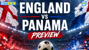 Poster pertandingan Panama vs Inggris Piala Dunia FIFA 2026 menampilkan logo Federasi Sepak Bola Panama dan lambang Timnas Inggris dengan latar bendera kedua negara.