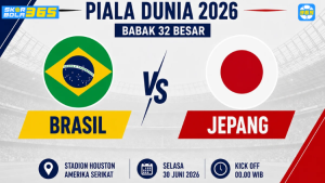 Poster pertandingan Brasil vs Jepang Piala Dunia FIFA 2026 menampilkan Vinícius Júnior mengenakan jersey Timnas Brasil dan pemain Timnas Jepang dengan logo FIFA World Cup 2026 di tengah.